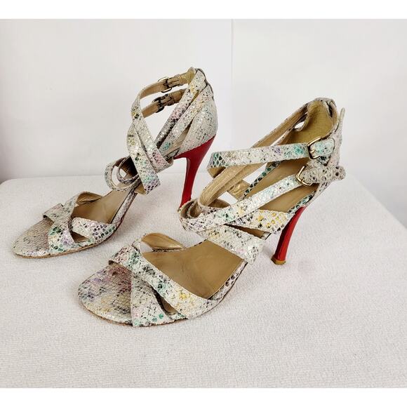 Stuart Weitzman womens rainbow snakeskin strappy high heel sandal size 8.5 - Picture 1 of 11